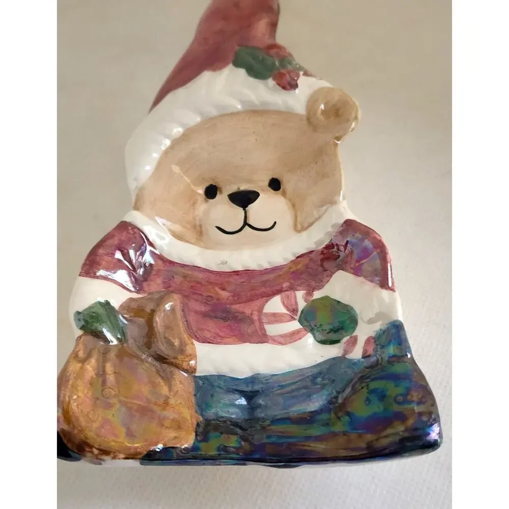 Vintage Christmas Teddy Bear Ceramic Spoon Rest Tea Bag Holder Santa Hat 9